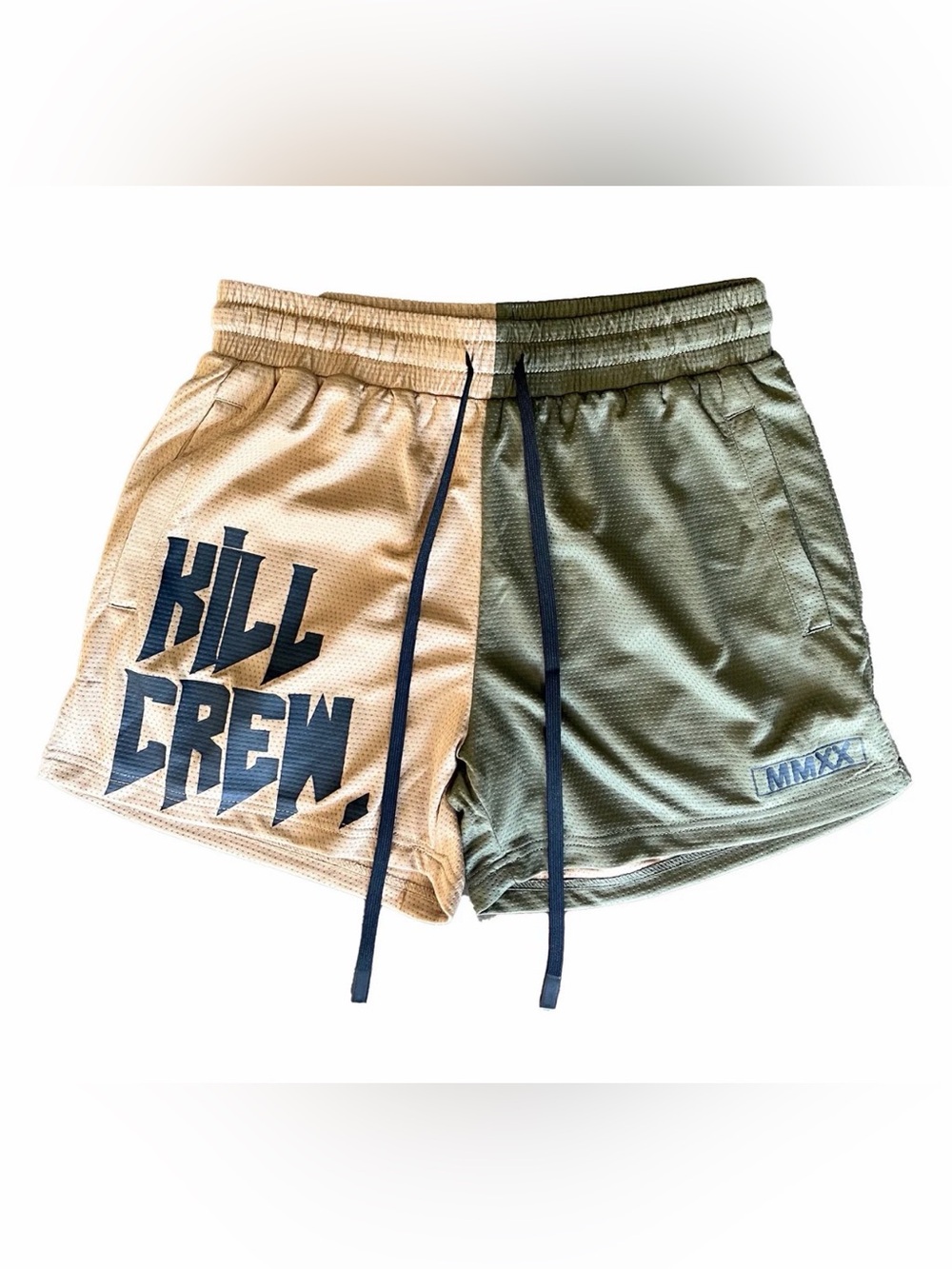 Kill Crew Muay Thai Shorts Mid-Thigh Cut 2-Tone Olive/Sand Mens Medium